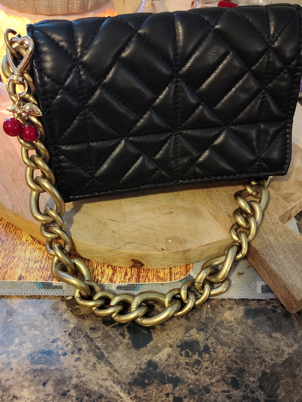 Zara Quilted Black Leather Chain Shoulder Bag With Cherry Bag Charm